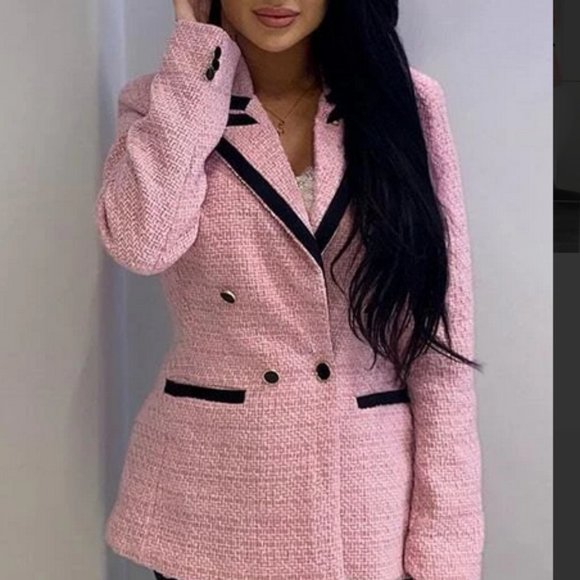Jackets & Blazers - stunning classic Pink tweed double breasted blazer with black trim